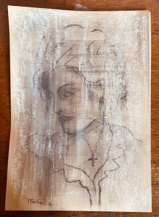 Tableau fusain signé portrait féminin 19eme