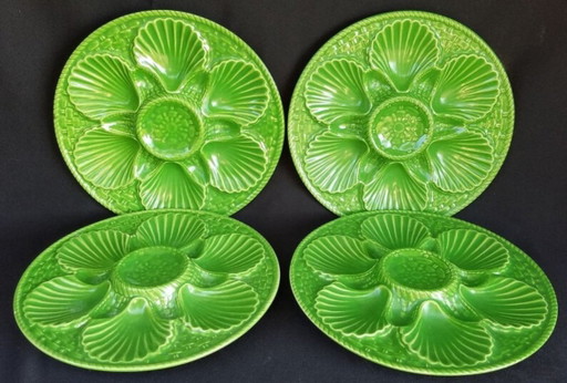 Set of 4 Vintage French Green Oyster Plates | Majolica Style Ceramic Seafood Serving Plates