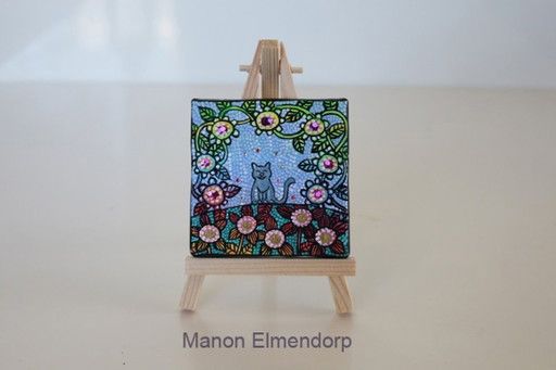 Einzigartiges handgemaltes Bild inkl. Staffelei Graue Katze mit Blumen, Signiert
