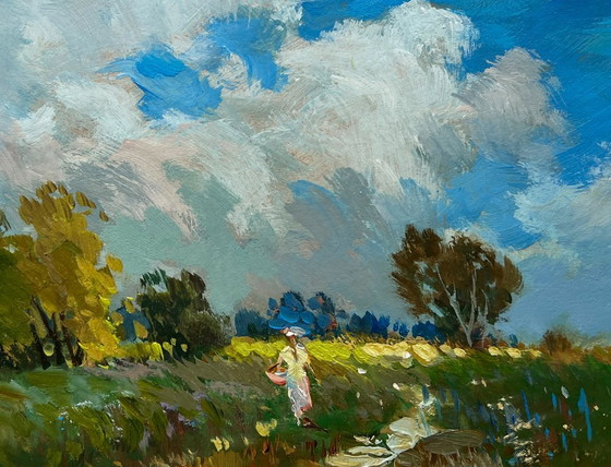 Image 1 of Origineel olieverfschilderij: Zomerlandschap: Een meisje loopt in een veld.