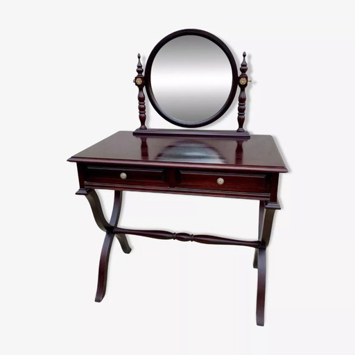 Tocador de madera maciza de estilo tradicional con dos cajones.