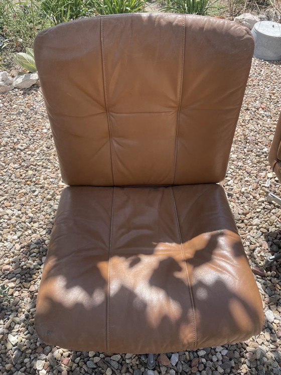 Set van 2 vintage cognac leren draaifauteuils – jaren 70 – Draaistoelen, Leather, Metal (photo 4 of 10)