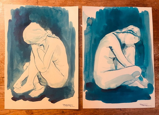 Set of 2 monochrome blue watercolor portraits of a woman, "blueTime"