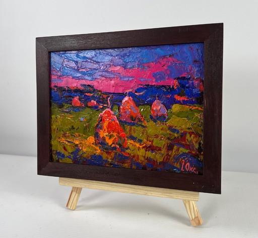Original Oil Painting Sunset Field Landscape Evening silence in the field