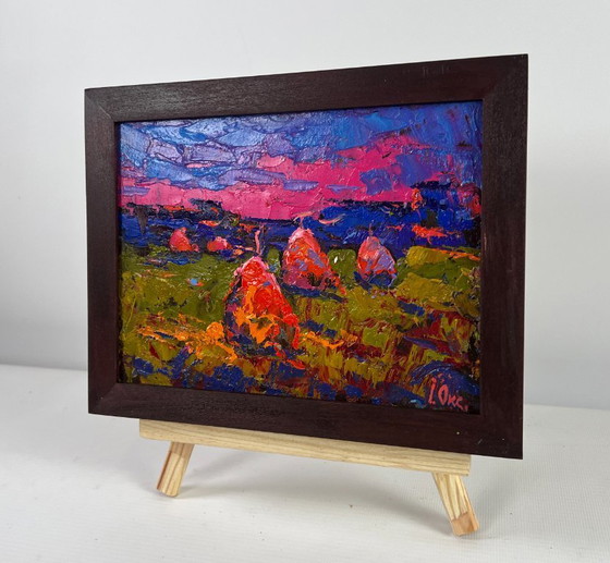 Image 1 of Original Oil Painting Sunset Field Landscape Evening silence in the field