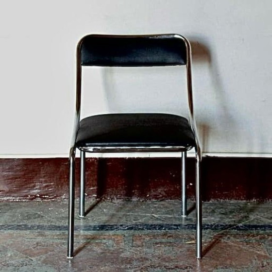 Image 1 of Set di 4 sedie da pranzo vintage cromate, in acciaio cromato e similpelle, Italia, 1970