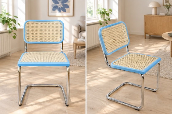 Set of 4 Vintage Italian Cesca Chairs, Sky Blue & Cane, 1990s, Dining chairs, Metal, Wicker, Modern (photo 2 of 5)