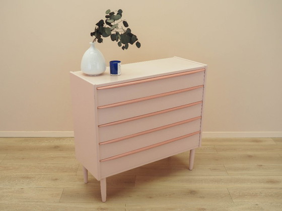 Dänische Kommode aus den 1970er Jahren in Rosa, vier Schubladen, Teakfurnier, massive Beine – Kommoden, Wood (photo 6 of 18)