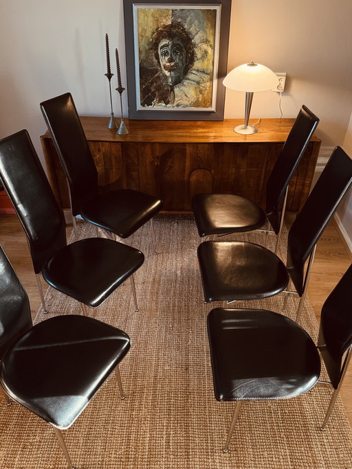 Set of 6 "S44" Leer en Chromen Design Stoelen door Gualtierotti en Vegni voor Fasem (1980s)