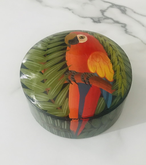 Holzkiste Kunsthandwerk Haiti Papageienmotiv