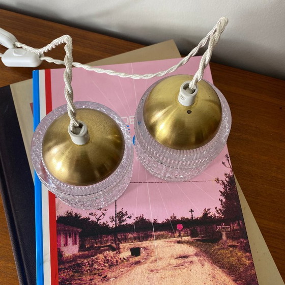 Image 1 of Coppia di piccole lampade portatili antiche a forma di tulipano in vetro trasparente