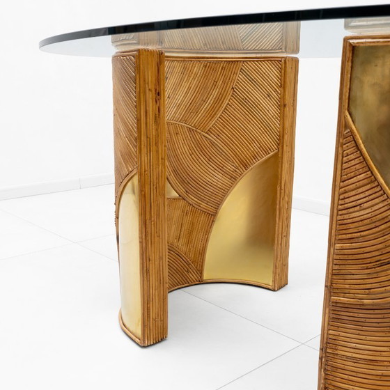 Image 1 of Mid-Century Modern Italian Rattan and Brass Dining Table by Vivai del Sud, 70s