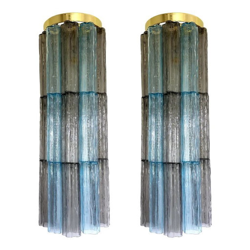 Pair of Italian Murano Glass Tronchi Wall Sconces in Grey and Light Blue
