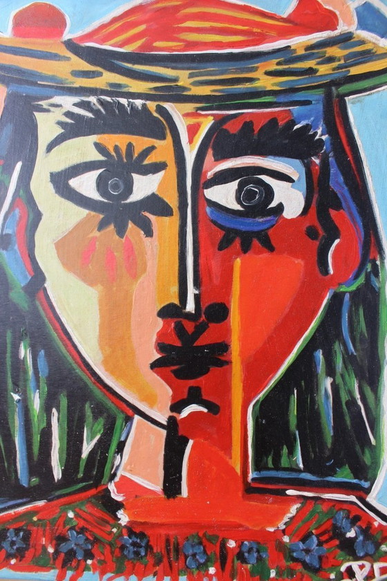 Image 1 of Ritratto a olio cubista/astratto d'epoca originale - Monogramma firmato