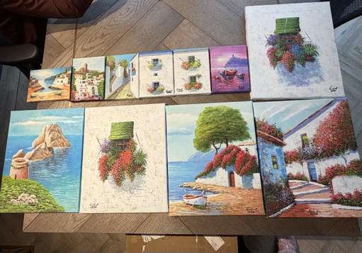 Set of Hand-Painted Ibiza Paintings – 11 Pieces – schilderijen tekeningen, Canvas (photo 2 of 6)