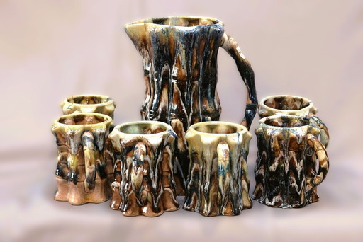 1 jug + 6 cups | Vintage - barbotine majolica