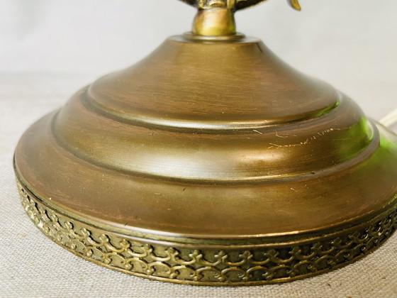 Image 1 of Art Deco Vintage Ornate Brass Table Lamp with Blue Glass Inserts, 1930s