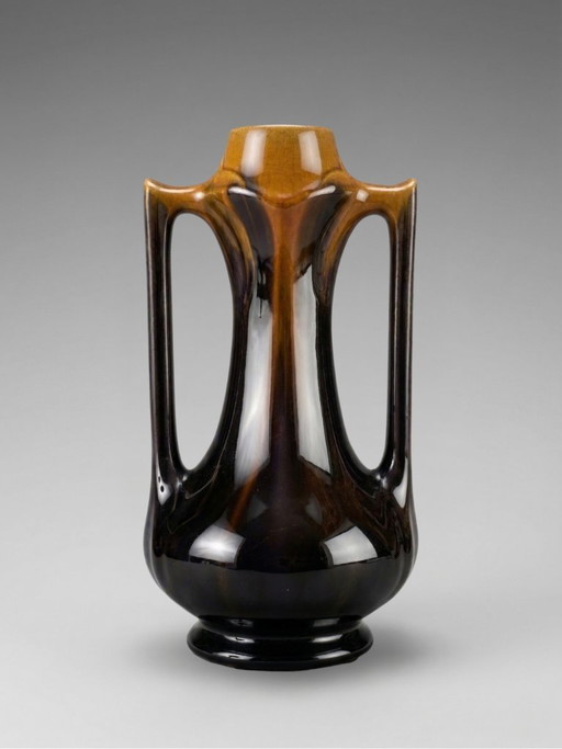 Art Deco vase in flamed brown-black glazed stoneware – openwork handles – French work – 1930s – 28 cm