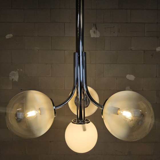 Image 1 of Vintage Space Age Chroom en Murano Glas Italiaanse design Hanglamp (bol glazen) glass pendant lamp