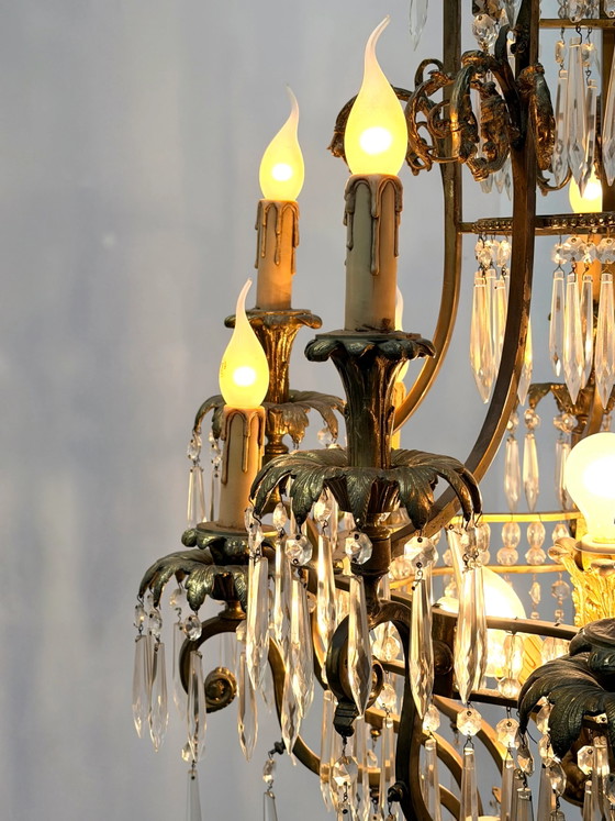 Impressionnant lustre ancien français en bronze doré et cristal, Verre (photo 3 sur 9)