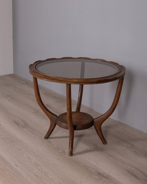Tavolino da caffè vintage anni '50 in legno e vetro, design italiano.