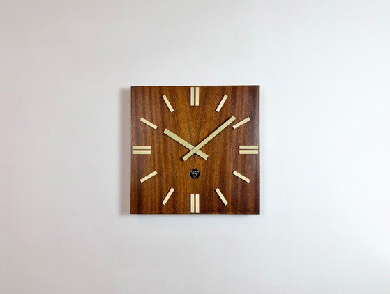 Image 1 of Vintage Brown Wooden Wall Clock from Pragotron, 1980s
