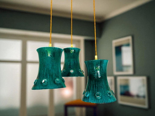 Mid Century green cast iron 3 light cascading chandelier hanging lamp, 1960s