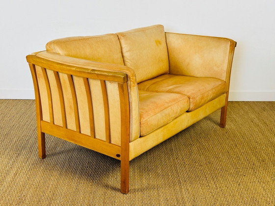 Image 1 of Vintage Scandinavian 2-seater sofa in beige leather and wood by Stouby, 1960s