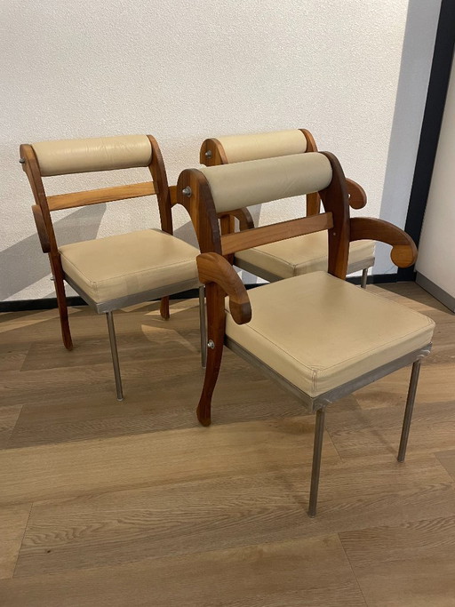Heinz Julen JOB Chair, 1990s crème kleurig, 3 stuks – eetkamerstoelen, Leather, Wood