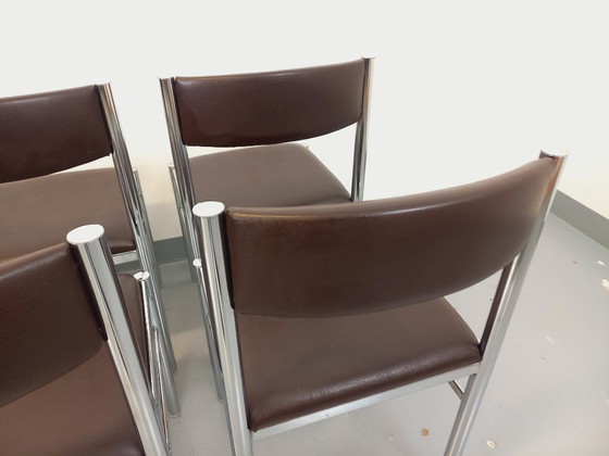 Image 1 of Set di 6 sedie vintage anni '70 in metallo cromato e similpelle marrone