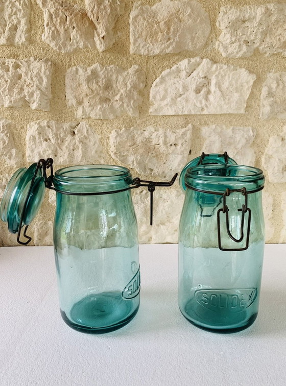 Image 1 of Pots en verre turquoise de Solidex, 1940s, ensemble de deux.