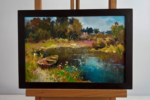 Original Oil Painting Autumn Lake Landscape Preparing for a boat trip