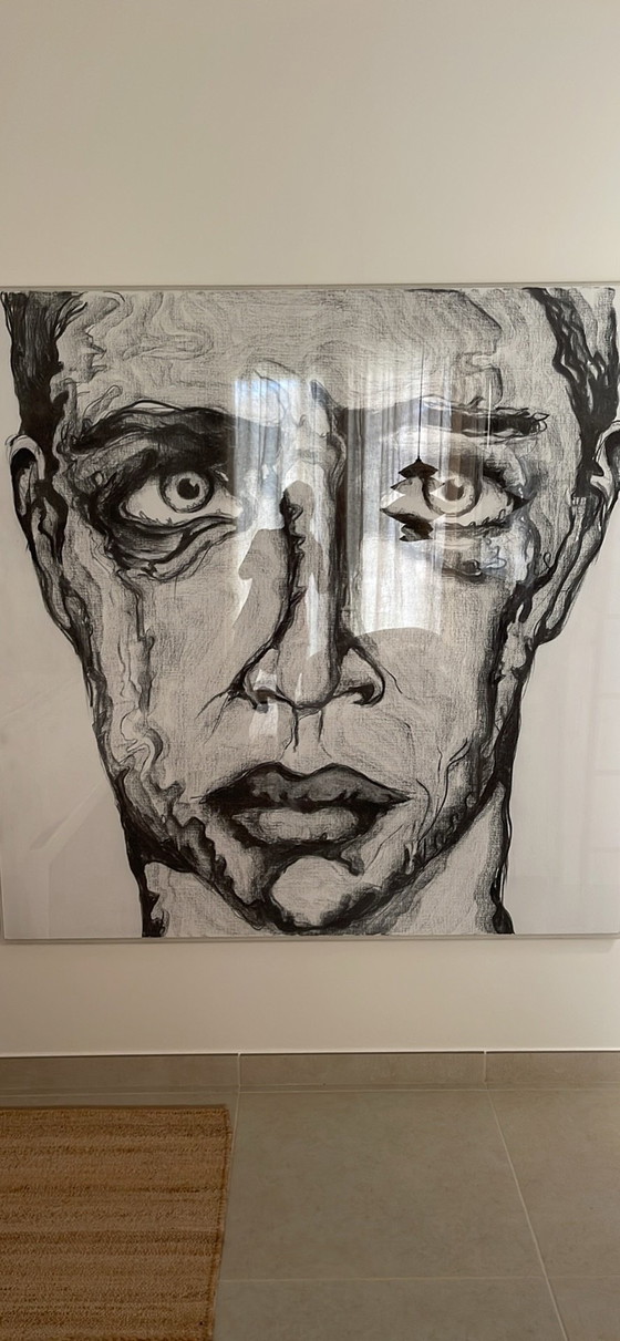 Dessin au fusain derrière plexiglas, Objets d'art, Papier, Noir (photo 5 sur 5)