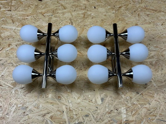 Image 1 of 2x 60s 70s 6-flame Sputnik wall lights from Kaiser Leuchten opal glass