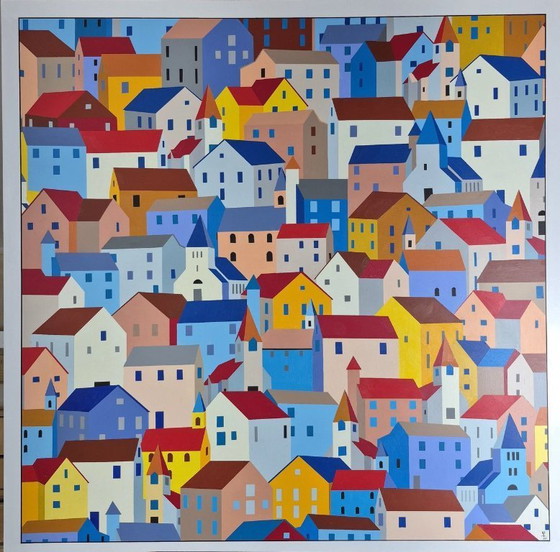 Image 1 of Paisaje urbano abstracto "Casas llenas" - pintura en color sobre MDF de Franklin van Dam (95x95 cm)