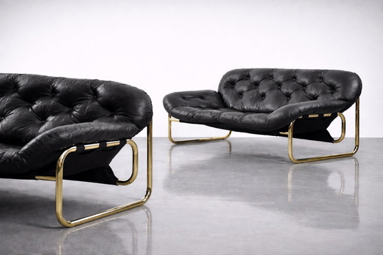 Image 1 of Vintage Mid-Century Scandinavian Modern Glamour Leather Black & Gold Sofa by John-Bertil Häggström for Swed-Form, 1970s