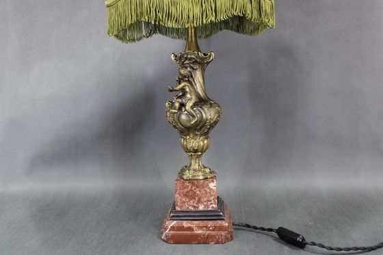 Image 1 of 1940s Restored Brass and marble Table Lamp with Fabric Shade