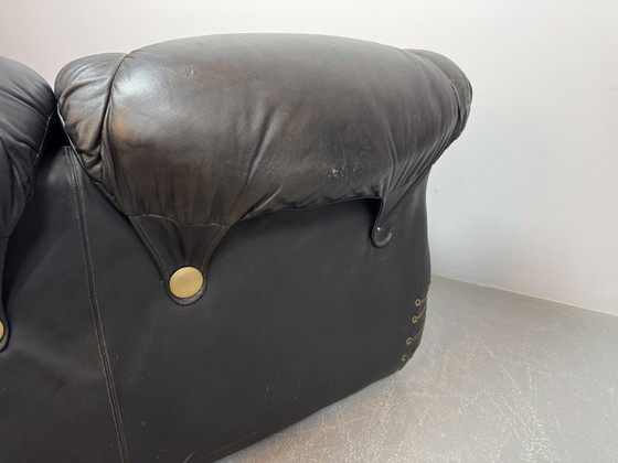 Image 1 of Beautiful Big Black Leather Postmodern Italian Design Space Age 3-Seat Lounge Sofa with Brass Buttons and Playful Cord Lacing