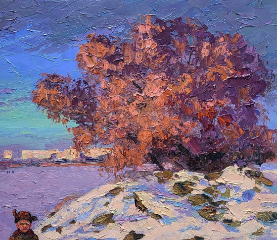 Original Oil Painting Winter Landscape City Outskirts Ice on the River – Paintings & Drawings, Canvas (photo 5 of 7)