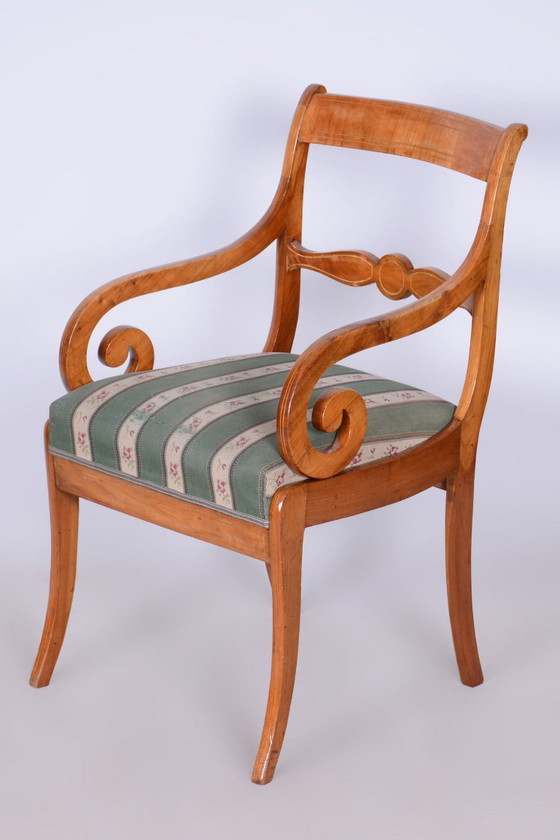 Restored Biedermeier Armchair with Stool, Beech, Oak, Cherry, Austria, 1830s – Textile, Wood (photo 9 of 20)