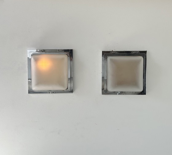 Image 1 of Coppia di appliques moderniste, cromo e vetro sabbiato, Francia 1930