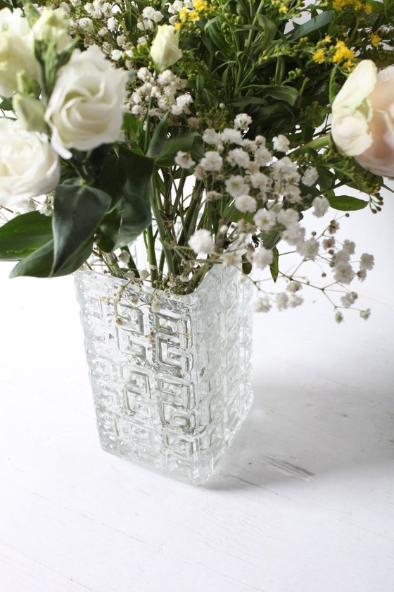 Image 1 of Vintage Mid-century Clear Pressed Glass Vase Taalari by Tamara Aladin / Riihimäen Lasi Glassworks Finland / 1969