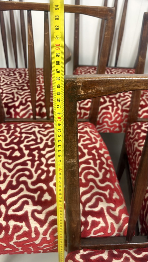 6 sedie da pranzo vintage Gordon Russell in legno con seduta stampata W.H. Curly Coral. – Velvet, Wood (photo 14 of 15)