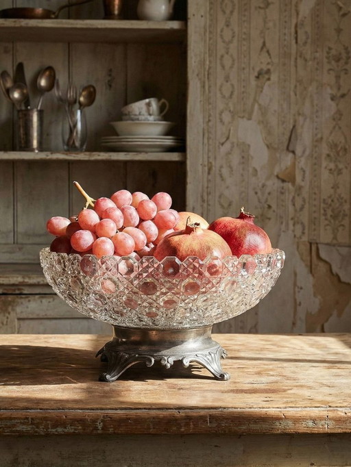 Antike Schale aus Pressglas mit rautenförmigen Verzierungen, ca. 1920–1950, auf einem Zinnsockel