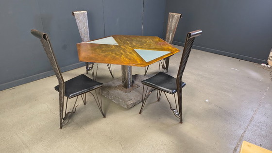 Image 1 of Handgemaakte eethoek van staal en steen, jaren 70 - vintage eethoek - handgemaakte eethoek - postmoderne eettafel en stoelen