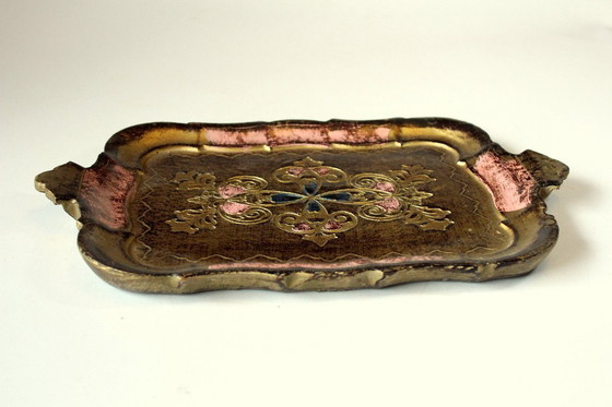 Image 1 of Piccolo vassoio fiorentino, legno, oro/rosa con accenti blu - vintage