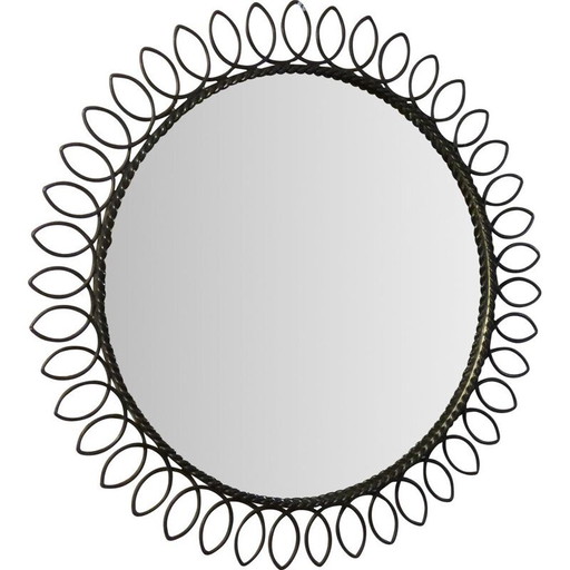 Miroir circulaire vintage en métal laqué noir, 1950