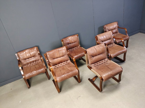 Image 1 of Vintage Asko Pajamies Finland leren multiplex stoelen, set van 6 - jaren 70