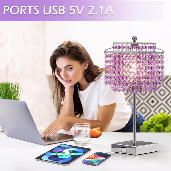 Paarse Touch Kristallen Lamp, 2 USB Poorten, Lamp Inbegrepen, Tafellampen, Modern (foto 2 van 7)