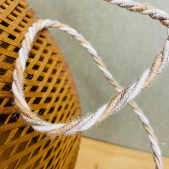 Image 1 of Large rustic style Portuguese wood and rattan hanging lamp, 1960s